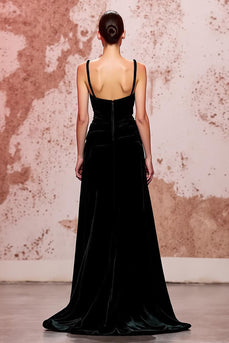 Einfach Schwarz Spaghettiträger Samt Lang Abendkleid