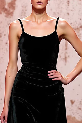 Einfach Schwarz Spaghettiträger Samt Lang Abendkleid