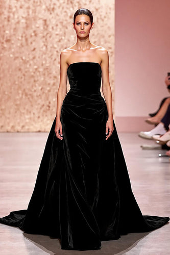 Einfach Schwarz Samt Trägerlos A Linie Lang Abendkleid