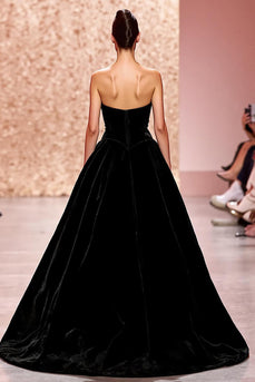 Einfach Schwarz Samt Trägerlos A Linie Lang Abendkleid