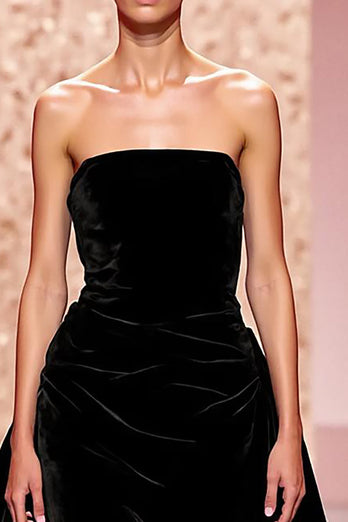 Einfach Schwarz Samt Trägerlos A Linie Lang Abendkleid