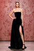 Laden Sie das Bild in den Galerie-Viewer, Einfach Schwarz Samt Trägerlos Lang Abendkleid mit Schlitz