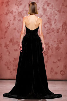 Einfach Schwarz Samt Trägerlos Lang Abendkleid mit Schlitz