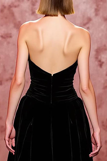 Einfach Schwarz Samt Trägerlos Lang Abendkleid mit Schlitz