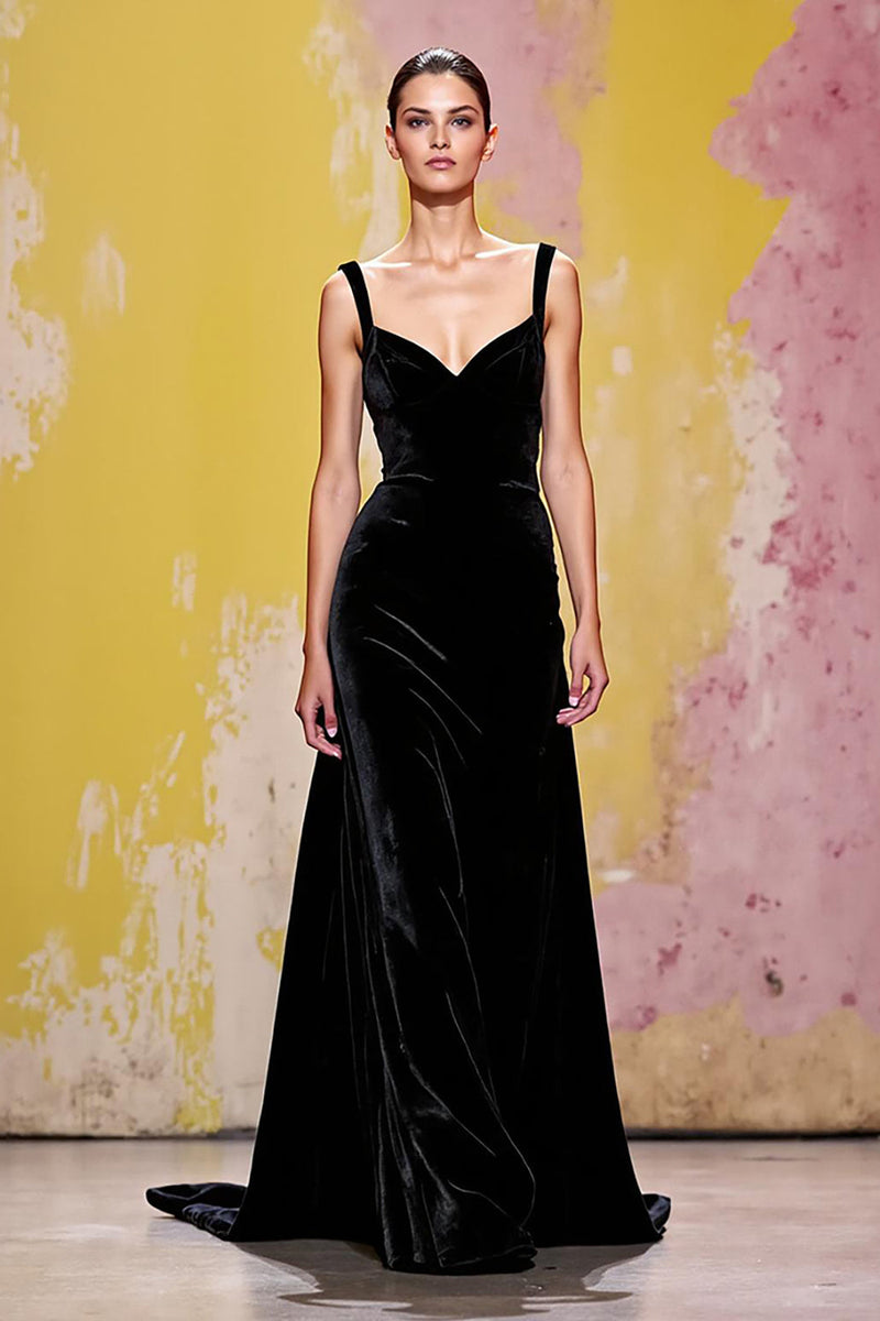 Laden Sie das Bild in den Galerie-Viewer, Einfach Schwarz Etuikleid Samt Lang Abendkleid