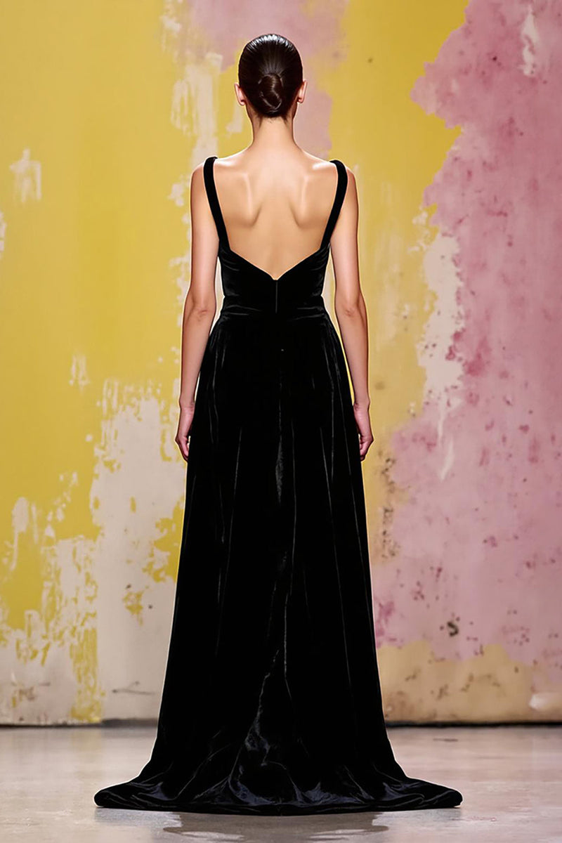Laden Sie das Bild in den Galerie-Viewer, Einfach Schwarz Etuikleid Samt Lang Abendkleid