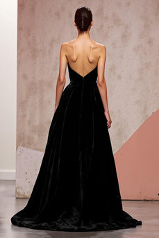 Einfach Schwarz Rückenfrei Samt Lang Abendkleid