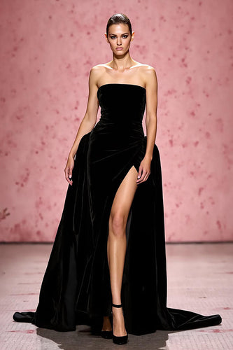 Einfach Schwarz Samt Trägerlos A Linie Lang Abendkleid mit Schlitz