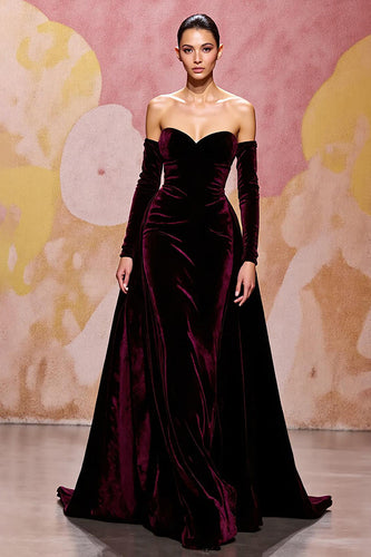 Dunkelrot Herzausschnitt Samt A Linie Lang Abendkleid