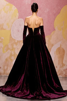 Dunkelrot Herzausschnitt Samt A Linie Lang Abendkleid