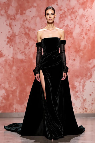 Schwarz Samt A Linie Trägerlos Lang Abendkleid mit Schlitz