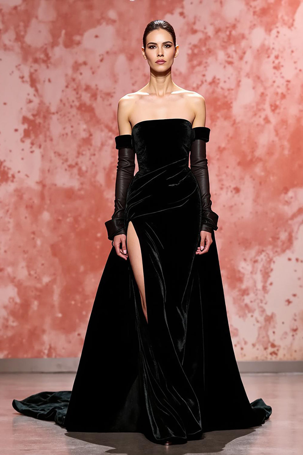 Schwarz Samt A Linie Trägerlos Lang Abendkleid mit Schlitz