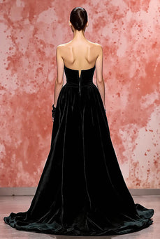 Schwarz Samt A Linie Trägerlos Lang Abendkleid mit Schlitz