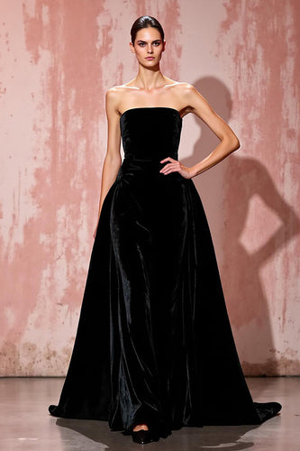 Einfach Schwarz Trägerlos Samt A Linie Lang Abendkleid