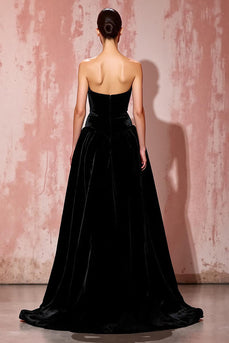 Einfach Schwarz Trägerlos Samt A Linie Lang Abendkleid