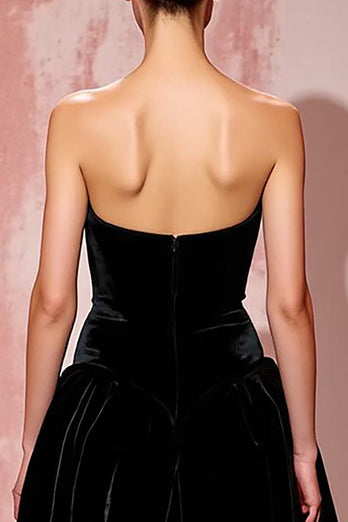 Einfach Schwarz Trägerlos Samt A Linie Lang Abendkleid