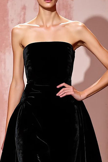 Einfach Schwarz Trägerlos Samt A Linie Lang Abendkleid