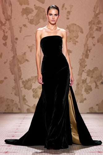 Einfach Schwarz Trägerlos Samt Lang Abendkleid mit Schlitz
