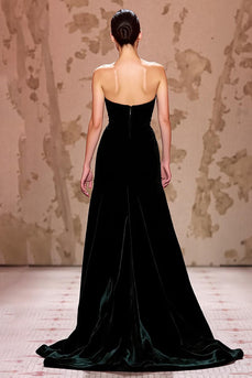 Einfach Schwarz Trägerlos Samt Lang Abendkleid mit Schlitz