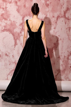 Einfach Schwarz Samt A Linie Lang Abendkleid