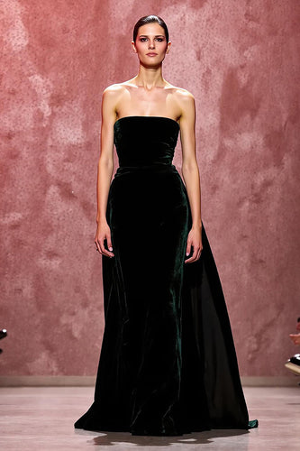 Einfach Dunkelgrün Samt Trägerlos Lang Abendkleid