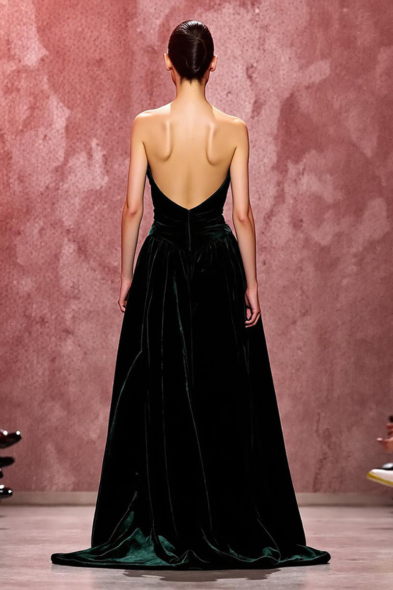 Laden Sie das Bild in den Galerie-Viewer, Einfach Dunkelgrün Samt Trägerlos Lang Abendkleid