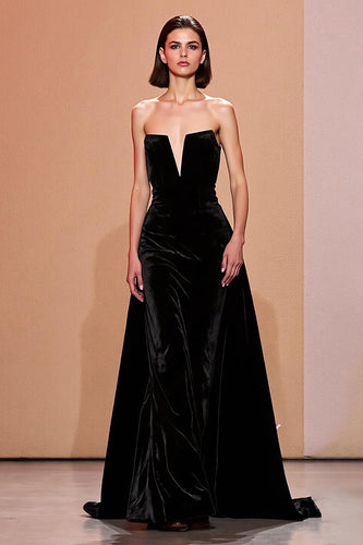 Einfach Schwarz Samt Trägerlos Lang Abendkleid