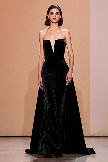 Einfach Schwarz Samt Trägerlos Lang Abendkleid