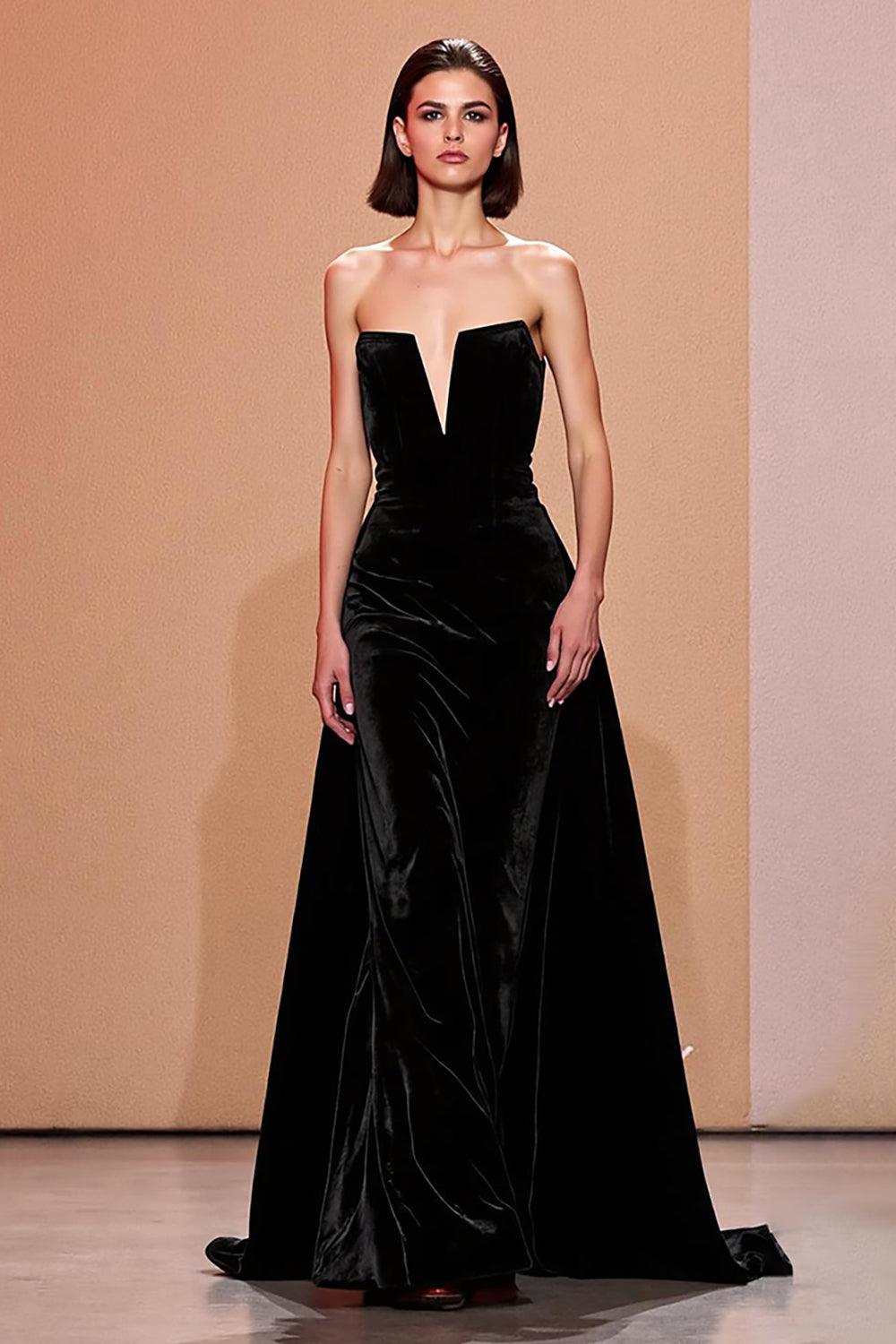 Einfach Schwarz Samt Trägerlos Lang Abendkleid