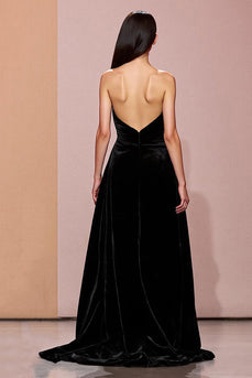 Einfach Schwarz Samt Trägerlos Lang Abendkleid