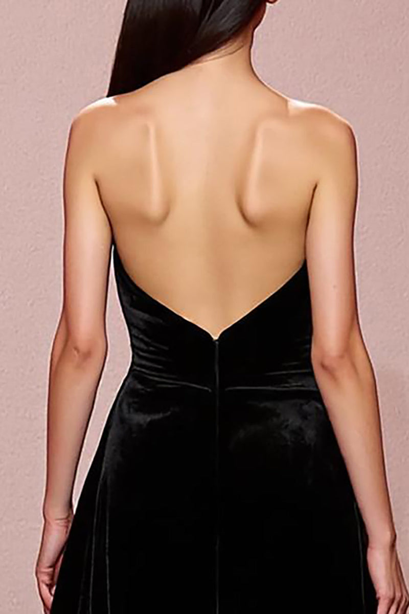 Laden Sie das Bild in den Galerie-Viewer, Einfach Schwarz Samt Trägerlos Lang Abendkleid