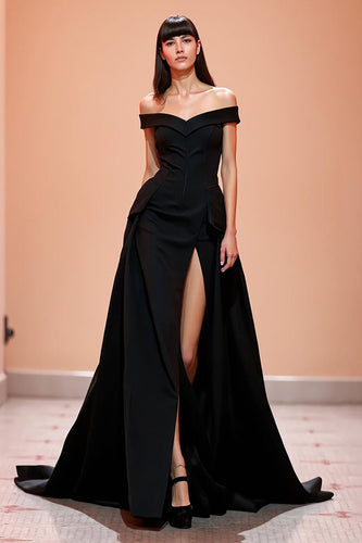 Schwarz Schulterfrei Korsett Lang Abendkleid mit Schlitz