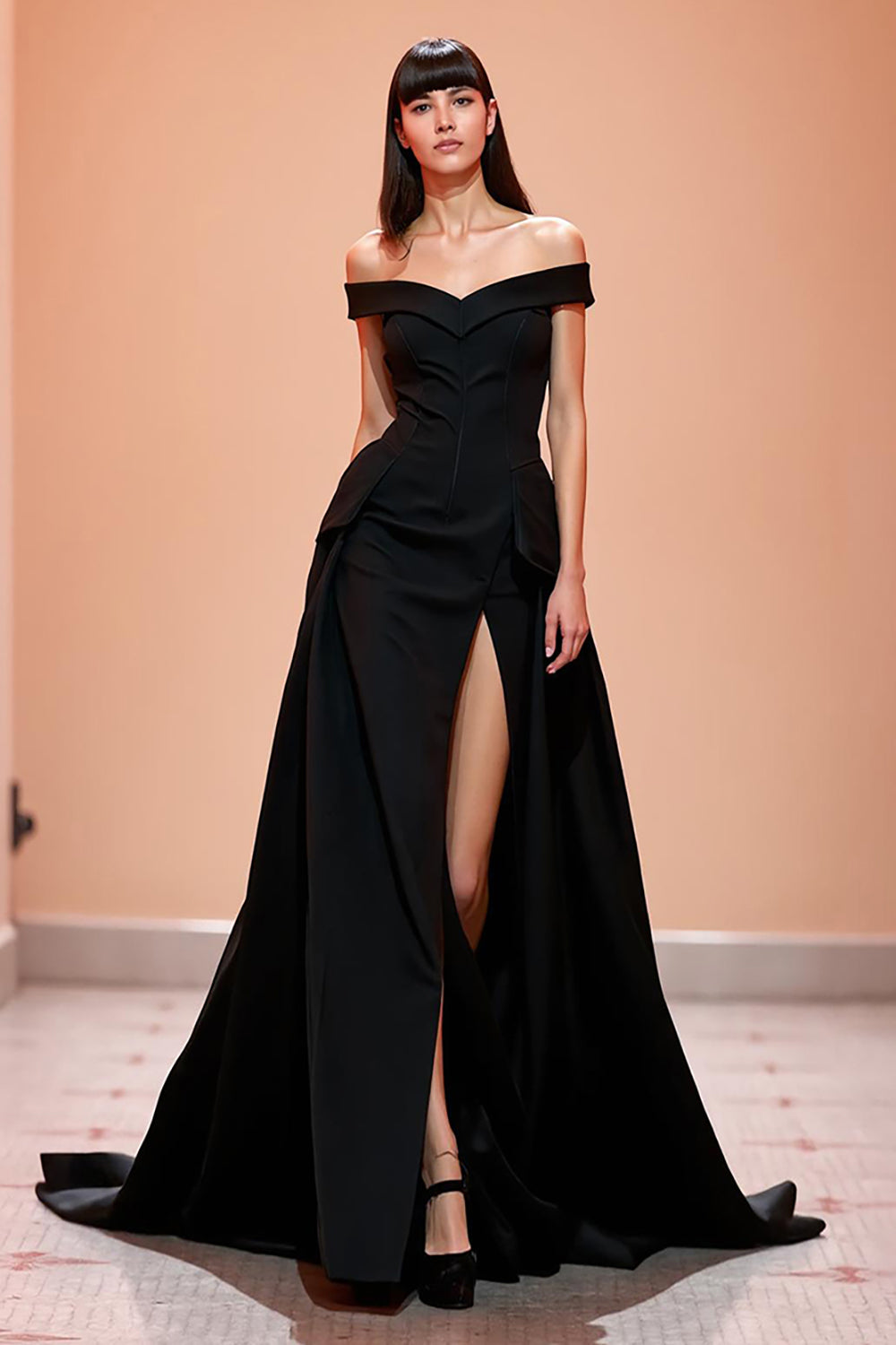 Schwarz Schulterfrei Korsett Lang Abendkleid mit Schlitz