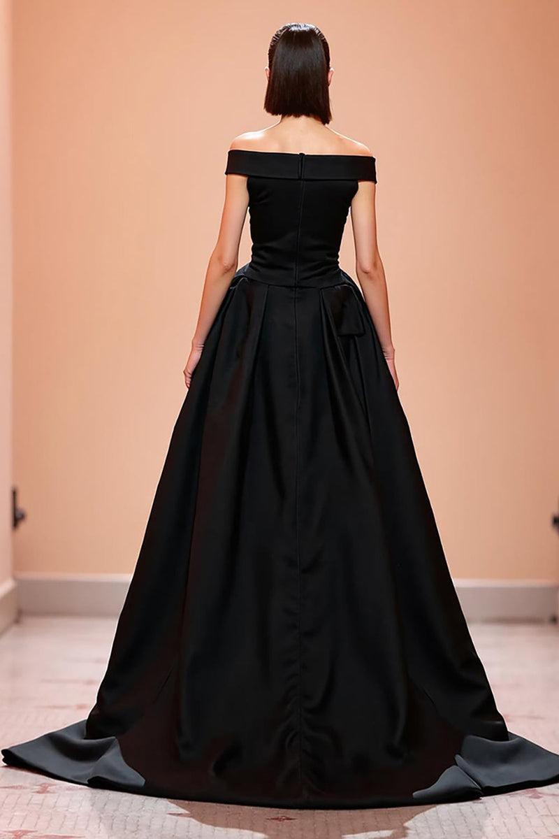 Laden Sie das Bild in den Galerie-Viewer, Schwarz Schulterfrei Korsett Lang Abendkleid mit Schlitz