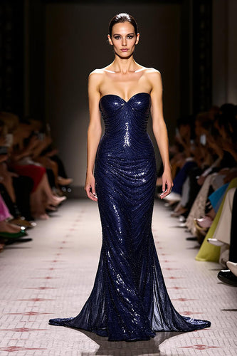 Glitzernd Marine Herzausschnitt Pailletten Meerjungfrau Lang Abendkleid