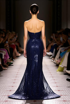Glitzernd Marine Herzausschnitt Pailletten Meerjungfrau Lang Abendkleid