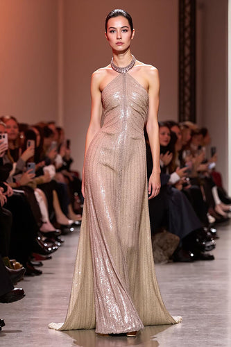 Glitzernd Champagner Neckholder Pailletten Rückenfrei Lang Abendkleid