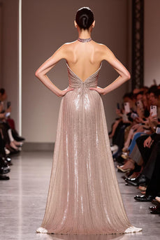 Glitzernd Champagner Neckholder Pailletten Rückenfrei Lang Abendkleid