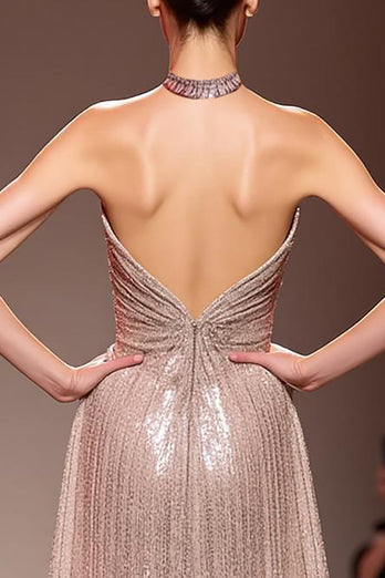 Glitzernd Champagner Neckholder Pailletten Rückenfrei Lang Abendkleid