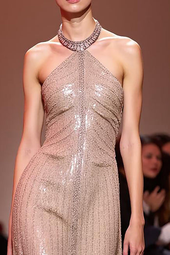 Glitzernd Champagner Neckholder Pailletten Rückenfrei Lang Abendkleid