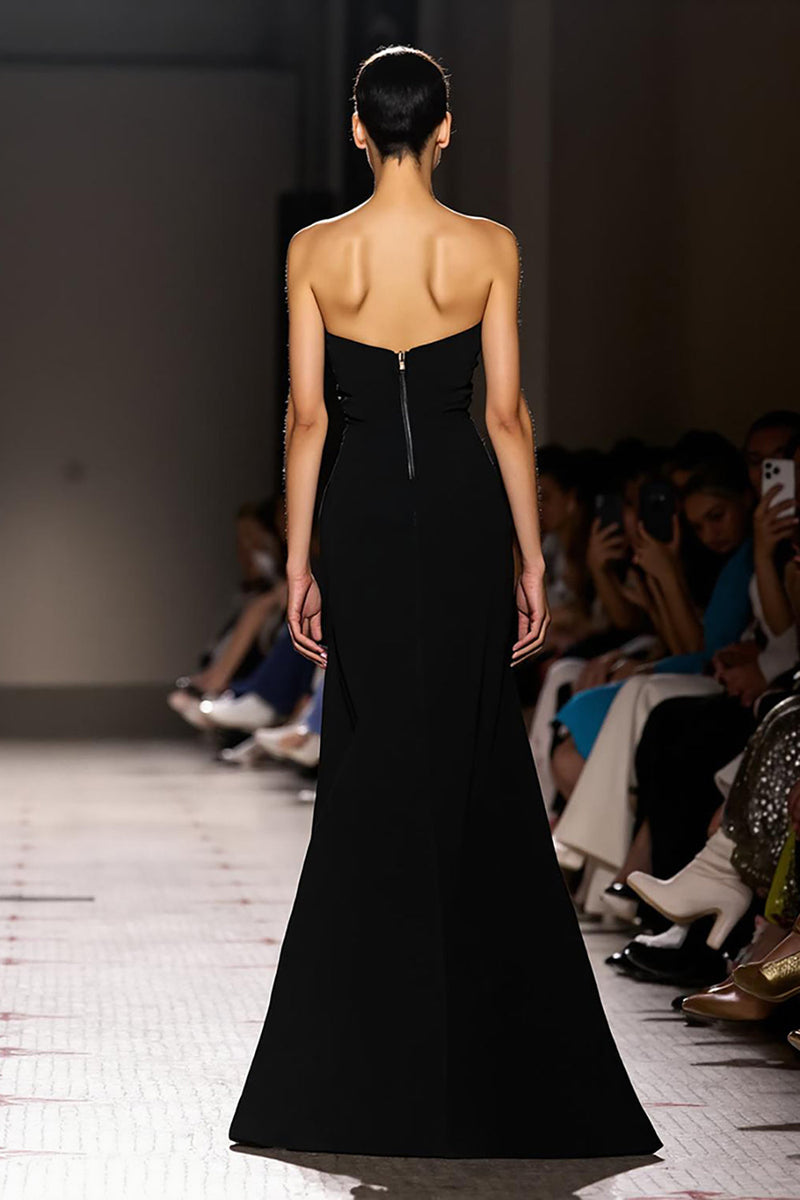 Laden Sie das Bild in den Galerie-Viewer, Einfach Schwarz Etuikleid Trägerlos Lang Abendkleid