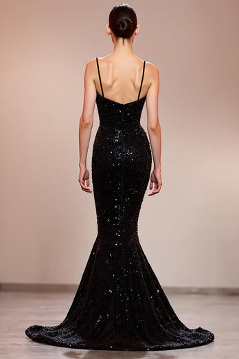 Glitzernd Schwarz Korsett Meerjungfrau Pailletten Lang Abendkleid