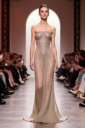 Glitzernd Champagner Meerjungfrau Rückenfrei Lang Trägerlos Abendkleid