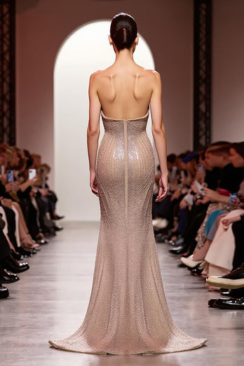 Glitzernd Champagner Meerjungfrau Rückenfrei Lang Trägerlos Abendkleid
