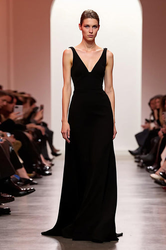 Einfach Schwarz Etuikleid V Ausschnitt Rückenfrei Lang Abendkleid