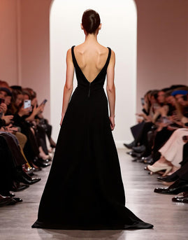 Einfach Schwarz Etuikleid V Ausschnitt Rückenfrei Lang Abendkleid