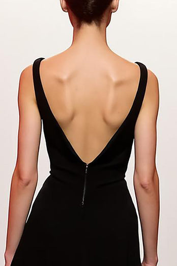 Einfach Schwarz Etuikleid V Ausschnitt Rückenfrei Lang Abendkleid