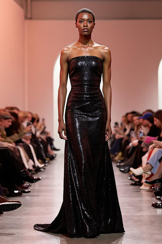 Glitzernd Schwarz Meerjungfrau Trägerlos Pailletten Lang Abendkleid