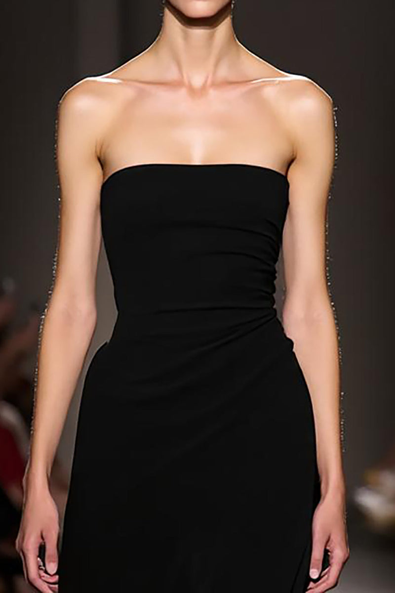 Laden Sie das Bild in den Galerie-Viewer, Einfach Etuikleid Schwarz Trägerlos Lang Abendkleid