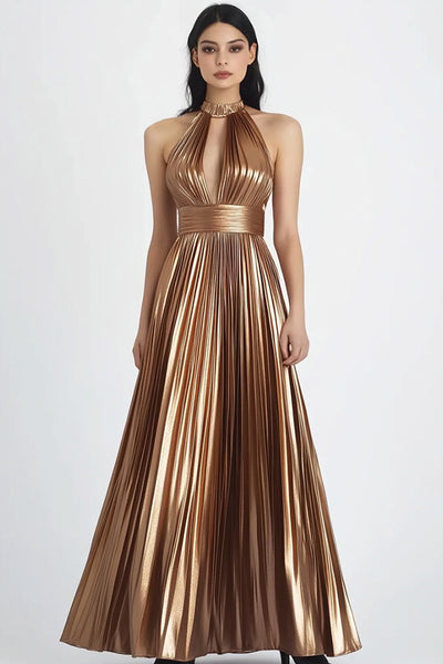 Gold Metallic Neckholder Pleated Lange Abendkleid